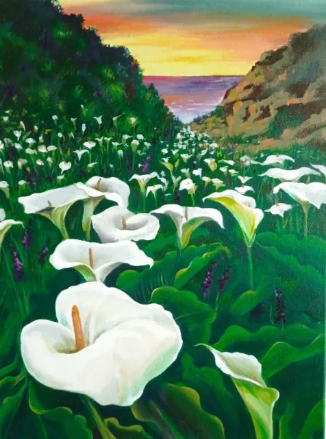 Calla, pintura acrílica ORIGINAL sobre lienzo, campo de flores blancas...