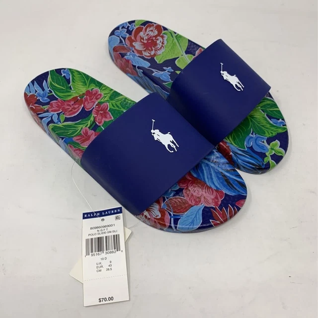 Polo Ralph Lauren Mens Slides Navy Blue Floral Sandals Hawaiian Tropical 10D New
