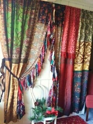 Indian Old Recycle Silk Saree Boho Multi Curtain Door Drape Decor 4Pc(2 Pair)