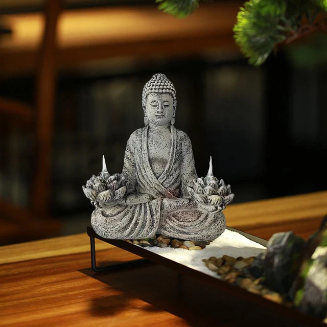 GARDEN BUDDHA STATUE Large with Solar Lights Resin Zen Yard Figurine