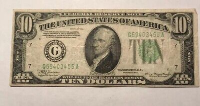 1934 $10 TEN DOLLAR BILL FRN LIGHT GREEN Seal CHICAGO