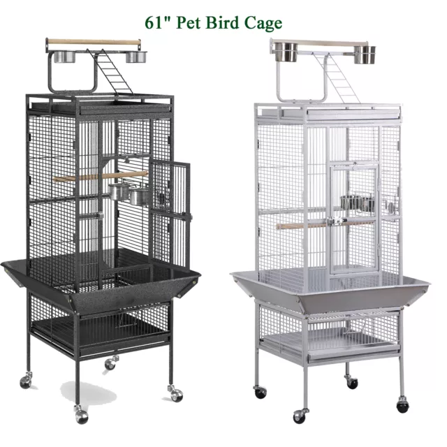 61" Wrought Iron Rolling Large Parrot Bird Cage Play Top Finch Cage Black/White