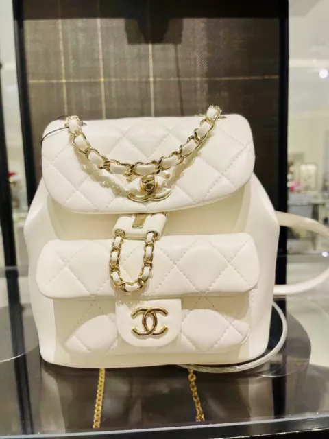 AUTHENTIC CHANEL RECEIPT  DUMA 22A White Backpack Lambskin New