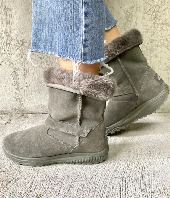 NEW Skechers Shape Ups Gray Suede Faux Fur Lined Winter Boots Pull On Womens 7.5