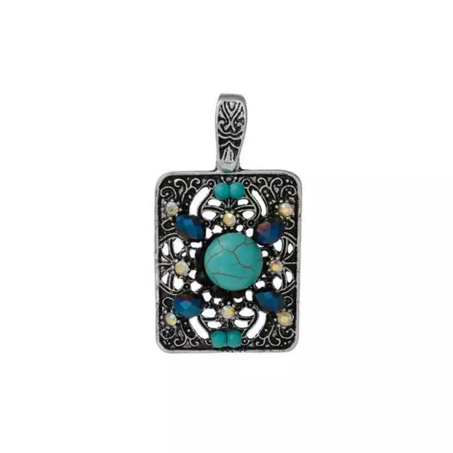 Rectangle Flower Carved Hollow Charm Blue Rhinestone 62mm 1 X Tibetan Silver