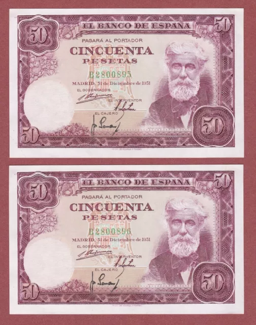 SPAIN. 50 Pesetas 1951 ( PAREJA CORRELATIVA ) Serie: B  ( SC / UNC )