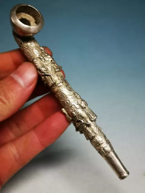 Vintage Silver Copper Eight Immortals Tobacco Pouch Pipe Cherry Blossoms DA8