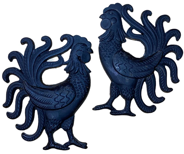 Vtg Pair Decorama Japan Cast Iron Roosters Chickens  Wall Art 9 x 7" '