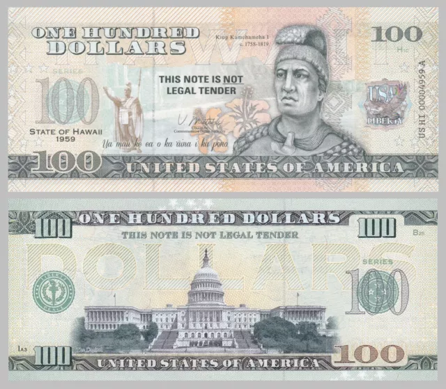 USA 100 Dollars Souvenirschein novelty note - Hawaii - Kamehameha II.
