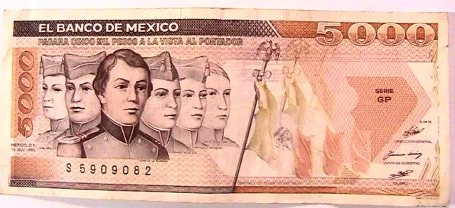 1985 Mexico 5000 Pesos VF+ aXF Serie GP  Mexican Currency Paper Money Banknote