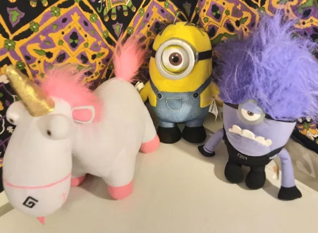 Lot of 3 Genuine MINIONS Plushes 9-12", Fluffy, Stuart & Evil Minion-Excellent