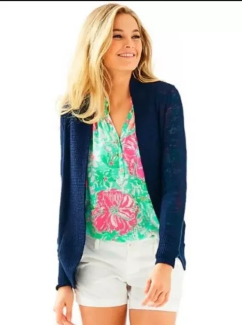 Lilly Pulitzer Amalie Woman Open Cardigan Size XXS Navy Blue Knit NWT $138.00 2