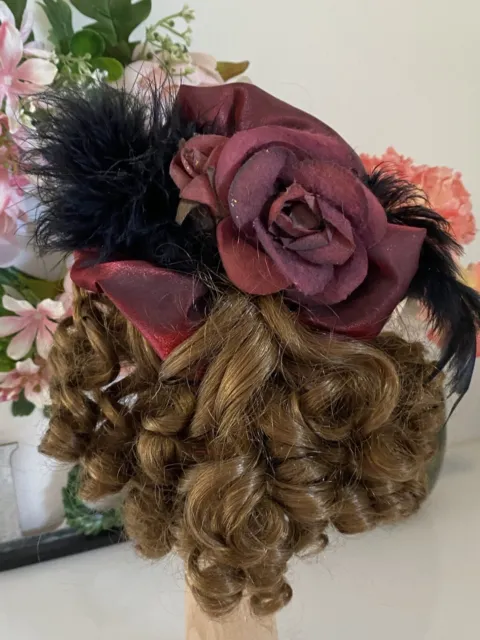 Vintage Doll Wig Brown Ringlets Bangs Satin Hat Feathers Rose Fits 8.5" Inside