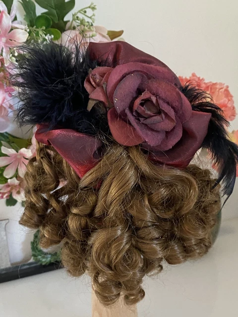 Vintage Doll Wig Brown Ringlets Bangs Satin Hat Feathers Rose Fits 8.5" Inside Vintage Doll Wig Brown Ringlets Bangs Satin Hat Feathers Rose Fits 8.5" Inside
