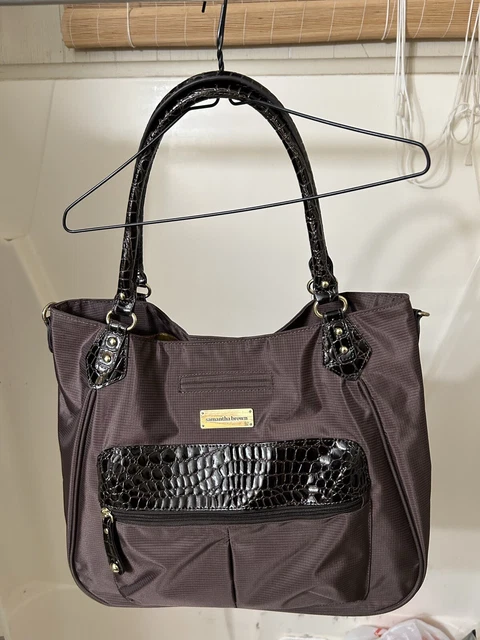 Samantha Brown Faux Croc Skin Embossed Trim Tote Travel Bag Brown, Purse W/strap
