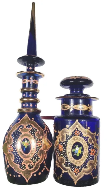 Stunning Vintage Bohemian Czech cobalt blue Glass Floral Decanter Lidded Bottle