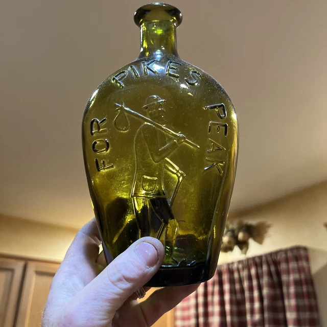 For Pikes Peak Green Glass Bottle 8.5" Embossed Hiker Reproduction Flask Vintage