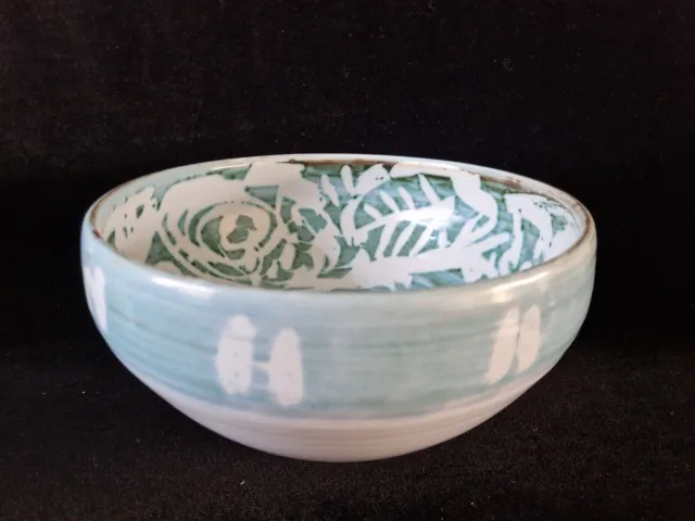 Beautiful Large Green and White Stoneware Serving Bowl "Abstract Design"