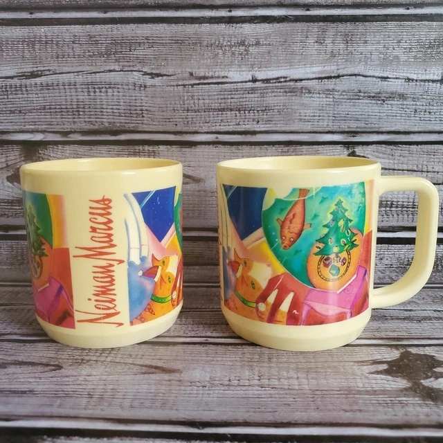 VTG Neiman Marcus Christmas Holiday Cat & Aquarium Plastic Coffee Mugs Cups