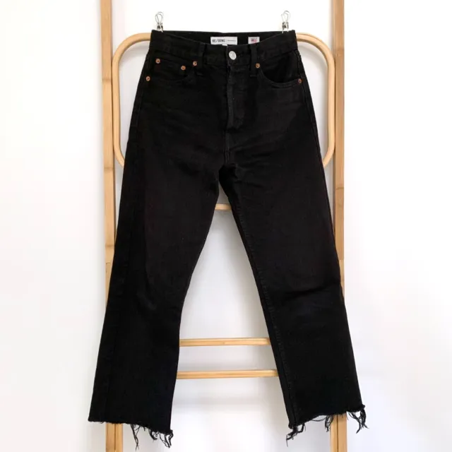 RE/DONE black 70s stove pipe highwaist straight leg frayed jeans sz 25 | ex cond