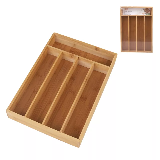 Wooden Cutlery Tray 5 Compartments Kitchen Drawer Organiser Utensil Storage Box