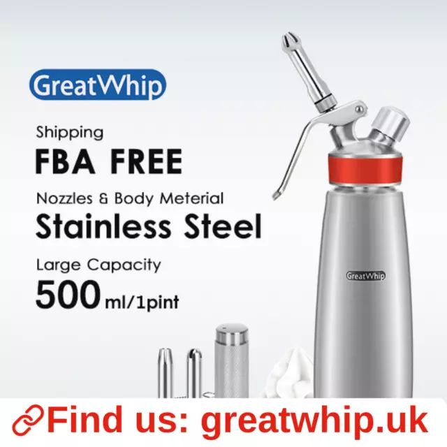 GreatWhip Aluminum Cream Maker with 3 Stainless Steel Nozzles & Cleaning  Brush Whipped Cream Dispenser 1 Pint Large Capacity 500ml Cream Whipper
