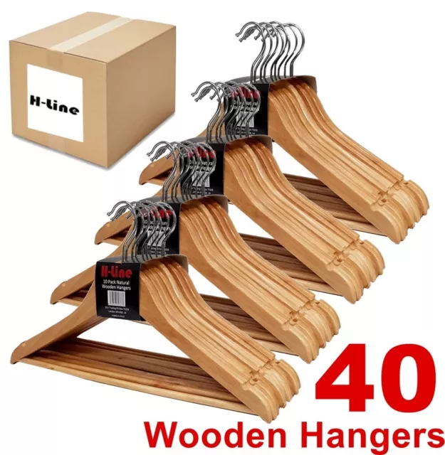 40 X Wooden Coat Hangers Suit Garments Clothes Wood Hanger Trouser Bar Set