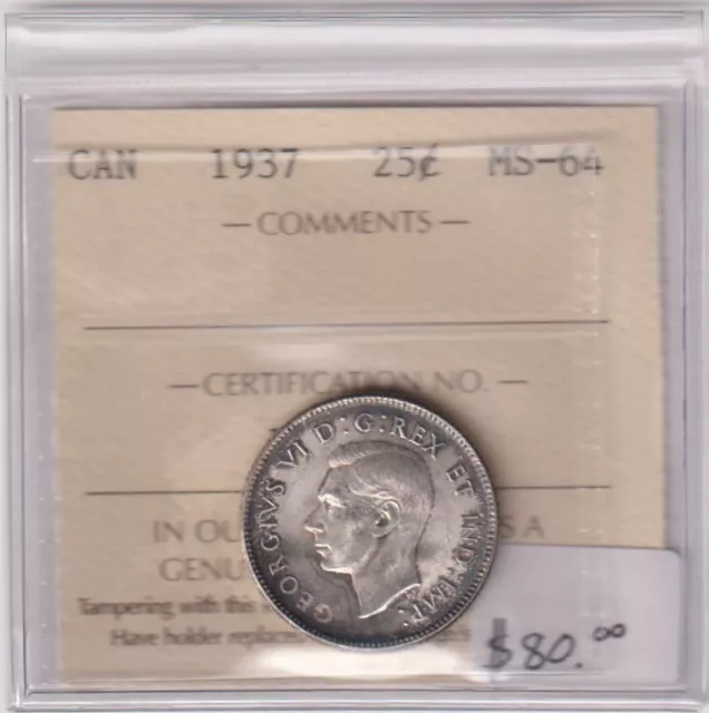 1937 Canada  25 Cent ICCS  Silver Coin MS64 inv#1613