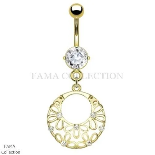Elegant FAMA 14kt Gold Plated Navel Ring with Flower Hoop and CZ Dangle