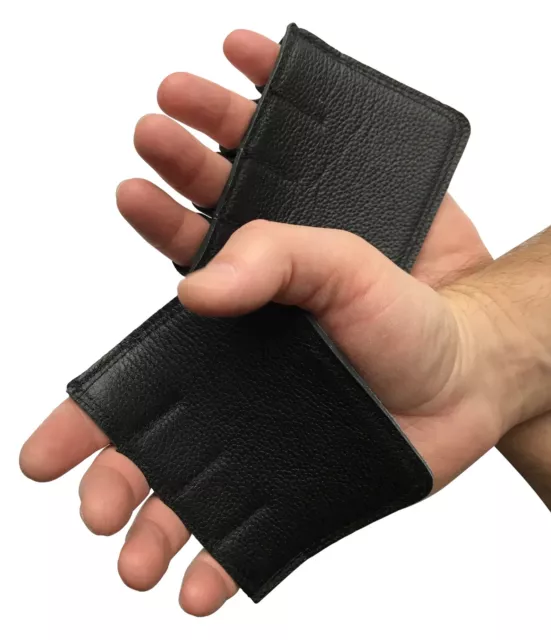 Black Leather Grip Pads Fingerless Gym Gloves Weight Lifting Workout Gripads