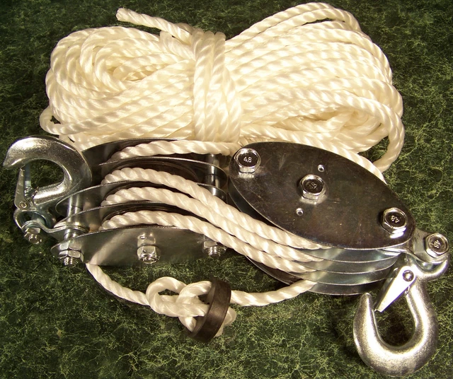 2 TON ROPE HOIST with 2 HOOKS and Safety CLIPS Dual 4 wheel Pulley