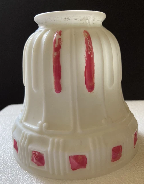 Vintage White Glass Lamp Shade w/ Hand Painted Pink Details ~ 2 2/8" Fitter