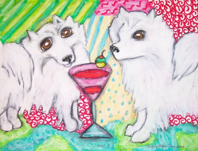 AMERICAN ESKIMO DOG Drinking a Martini Art 8.5 x 11 Signed Print Artist KSams