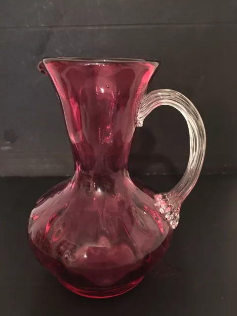 Pilgrim Glass Hand Blown Cranberry Reeded Handle Pitcher Creamer 4 3/4" Tall