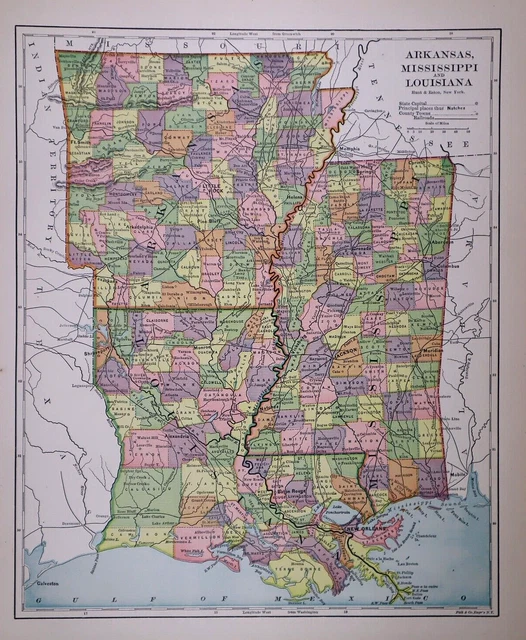 1892 Authentic Atlas Map ~ LOUISIANA, ARKANSAS, MISSISSIPPI ~ (11x14) ~ #008