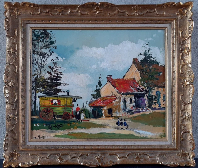 Tableau Peint Signé "La Gitane Aux Blés D'Or" - Cadre Doré Rectangulaire