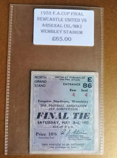 Fa Cup Final Match Ticket Wembley Arsenal  Vs Newcastle United 1952