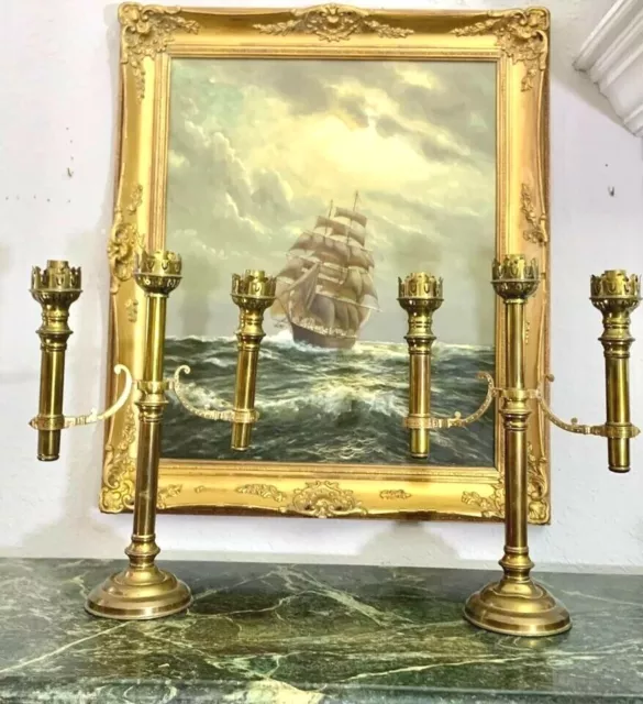 Candelabra Pair Antique Brass Marked Candlestick Holder Gothic French Style