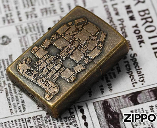 Zippo Lighter Skull Steampunk Old Design Metal Plate Antique Gold Brass Japan