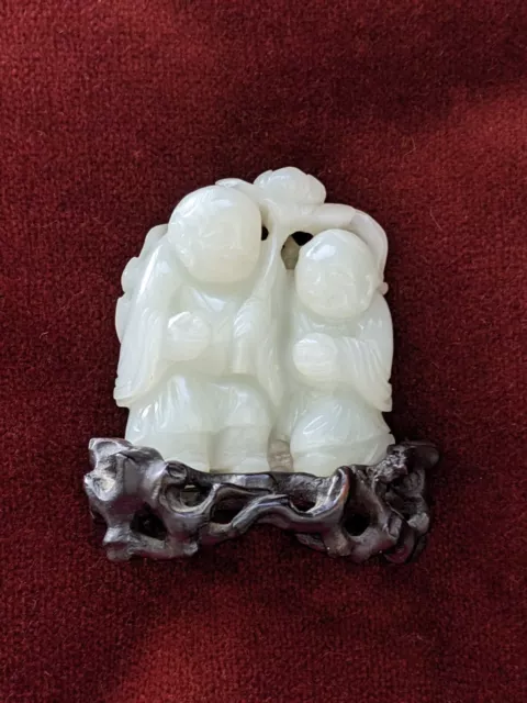 QING PERIOD CHINESE WHITE HETIAN JADE CARVING of 2 FIGURES UNDER TREE BLOSSOM