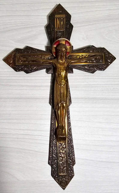 Vintage Cross Art Deco Bronze Wall Crucifix Featuring Exquisite Corpus Christi