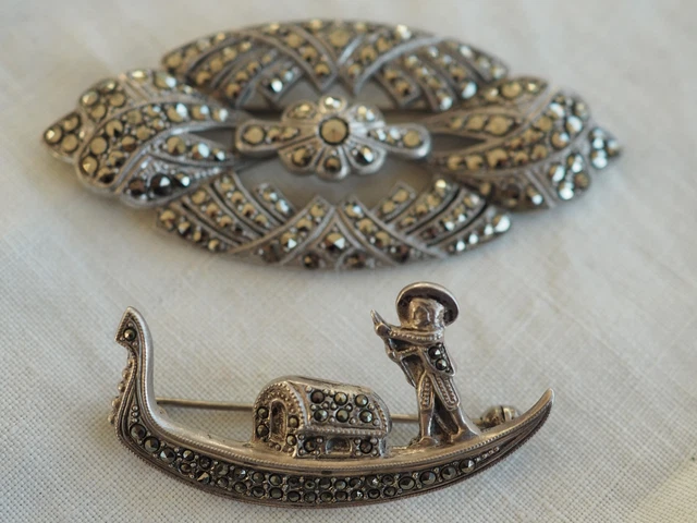 Petite Broche Argent Massif Et Nacre Avec Marcassites - Style Antique Victorien - Occasion - Bijou Ancien