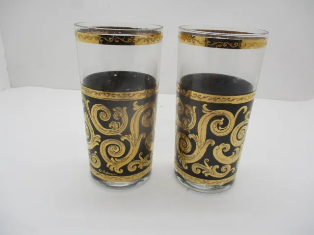 2 MCM Culver EBONY BAROQUE Black Gold Tumbler Glasses