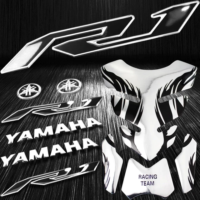 Chrome Silver Tribal Fire Fuel Tank Pad+3D 8" Logo+YZF-R1 2-Tone Emblem Sticker