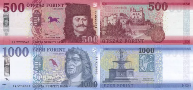 Hungary 2 PCS Set: 500 & 1000 Forint (2018/2021), p-202a, p-203b UNC