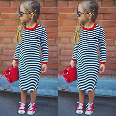 Toddler Baby Kids Girls Striped Slim Dress Fashion Long Sleeve Clothes Outfits