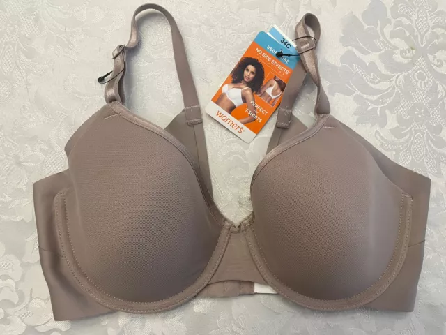 Warners 34C No Side Effects T Shirt Bra Back Smoothing Comfort Mink New W Tag