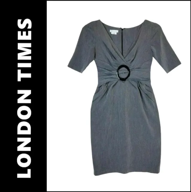 London Times Women Pleated Career Formal Short Sleeve Sheath Dress Size 4 Gray