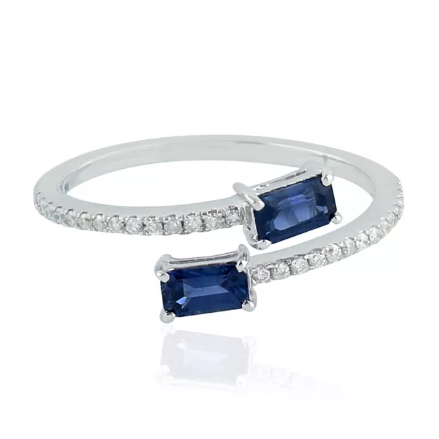 Studded Blue Sapphire Diamond Bypass Ring Solid 18k White Gold Band Ring Jewelry