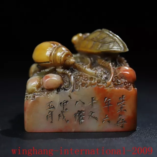 2.2"China Shoushan stone Hand carved fengshui cicada beetle seal Stamp signet